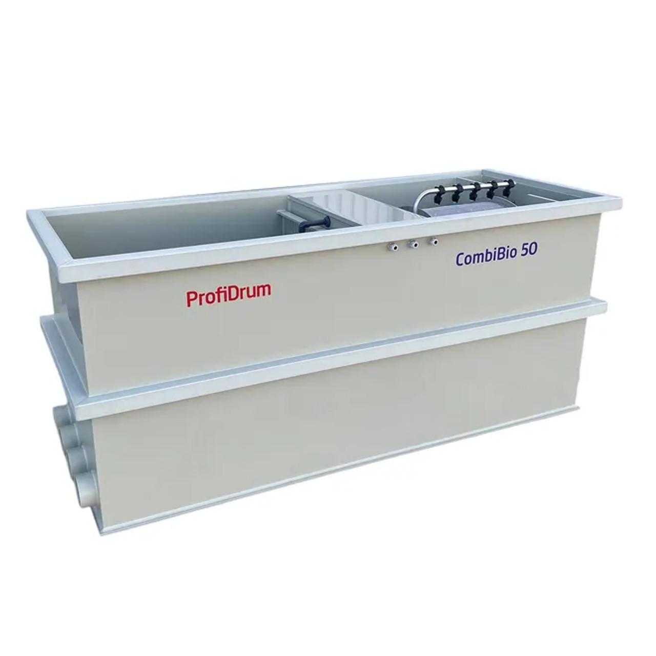 Front-Top view of CombiBio 50. This filter is made of durable beige plastic and is split into two compartments. One compartment internally contains steel mesh screens of 70 microns and a 5 nozzle spray bar. The other compartment contains biological filter media. The side of this filter shows 4 inlet/outlet holes for plumbing.