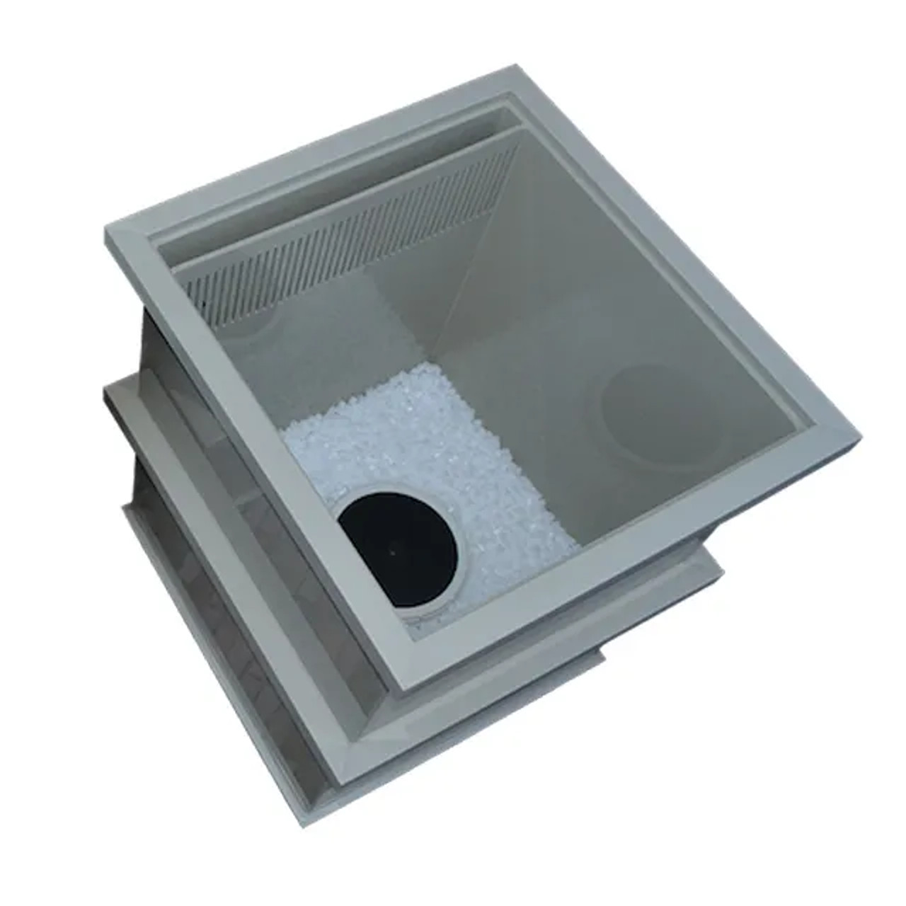 Front View & Top View of BioFilter 25 in one shared photo. Front view of filter shows BioFilter 25 made of durable beige plastic, and top view shows the inside of BioFilter 25 which is filled with media.