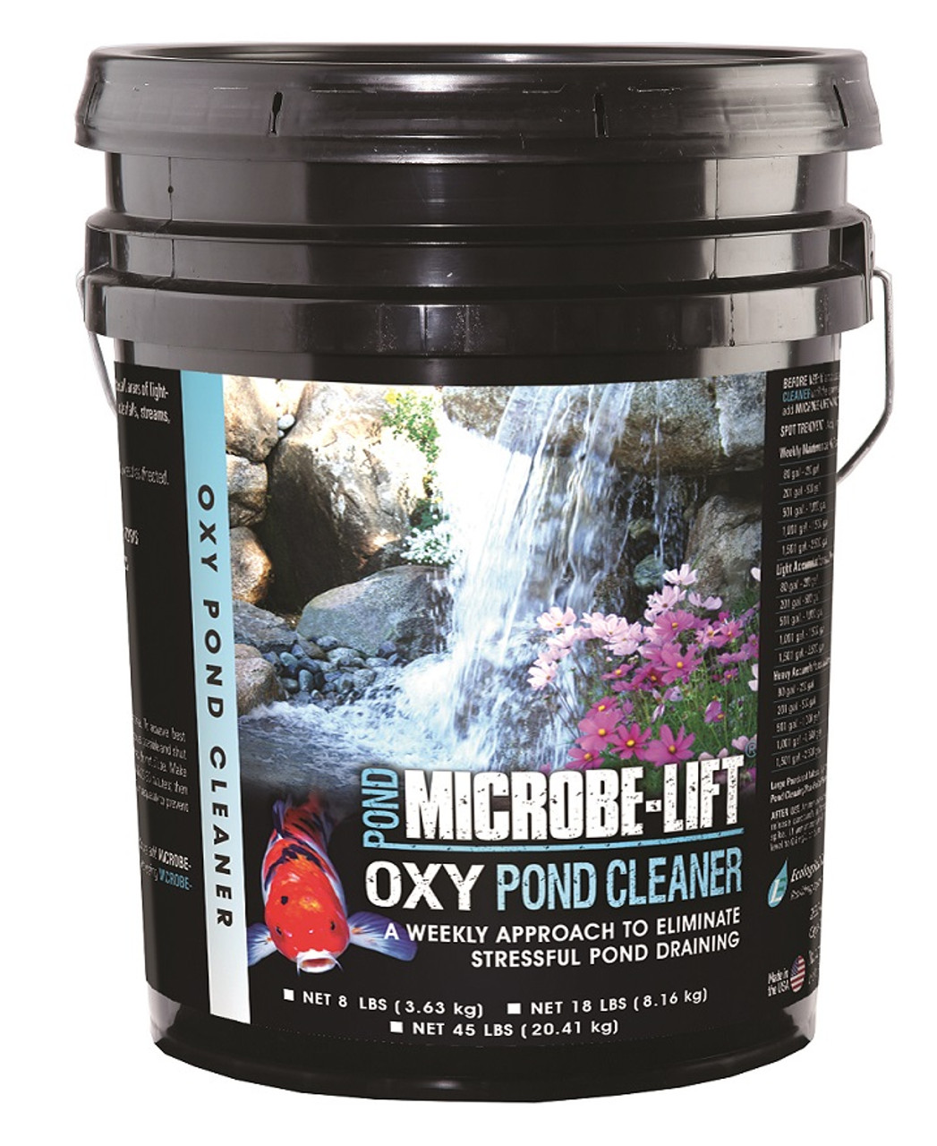 Close-up of the 45 lb. MICROBE-LIFT Oxy Pond Cleaner container, displaying the label with the product name, weight (45 lb.), and key usage details.