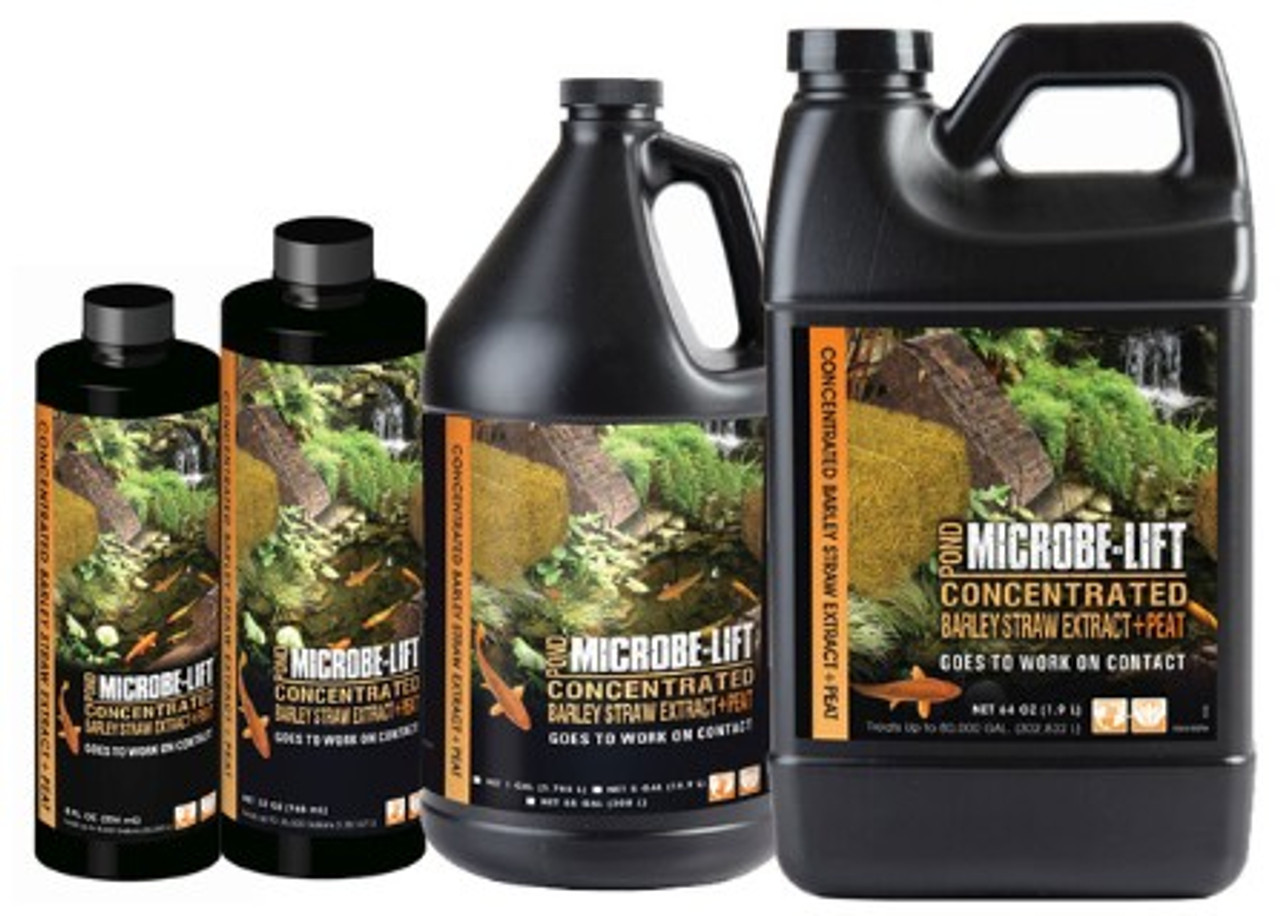 Front view of MICROBE-LIFT Barley Straw Extract & Peat 1 gallon bottle, displaying the product name, volume, and key benefits on the label.