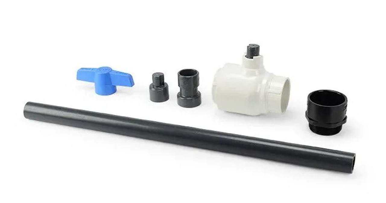 Close-up view of the Signature Series Biofalls Filter Drain Kit, showcasing the durable drain components and connectors included in the kit.
