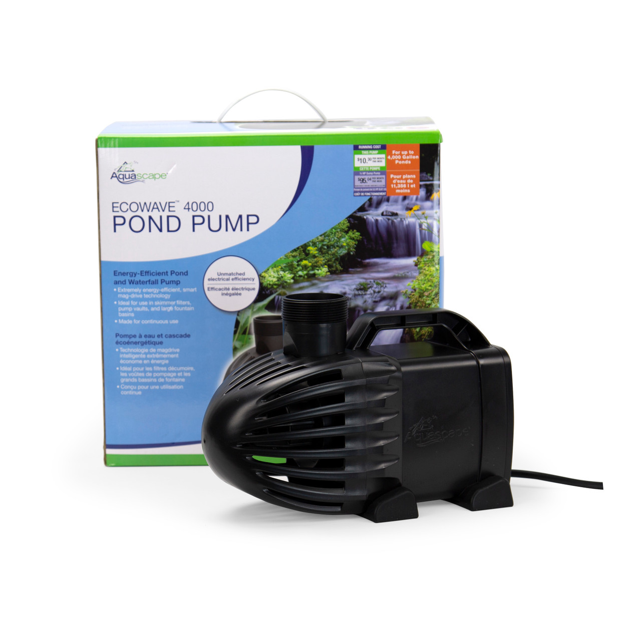 EcoWave 2000 Pond Pump in its original packaging, showcasing the product details, dimensions, and label for easy identification and transport, highlighting its energy-efficient design for pond water circulation.