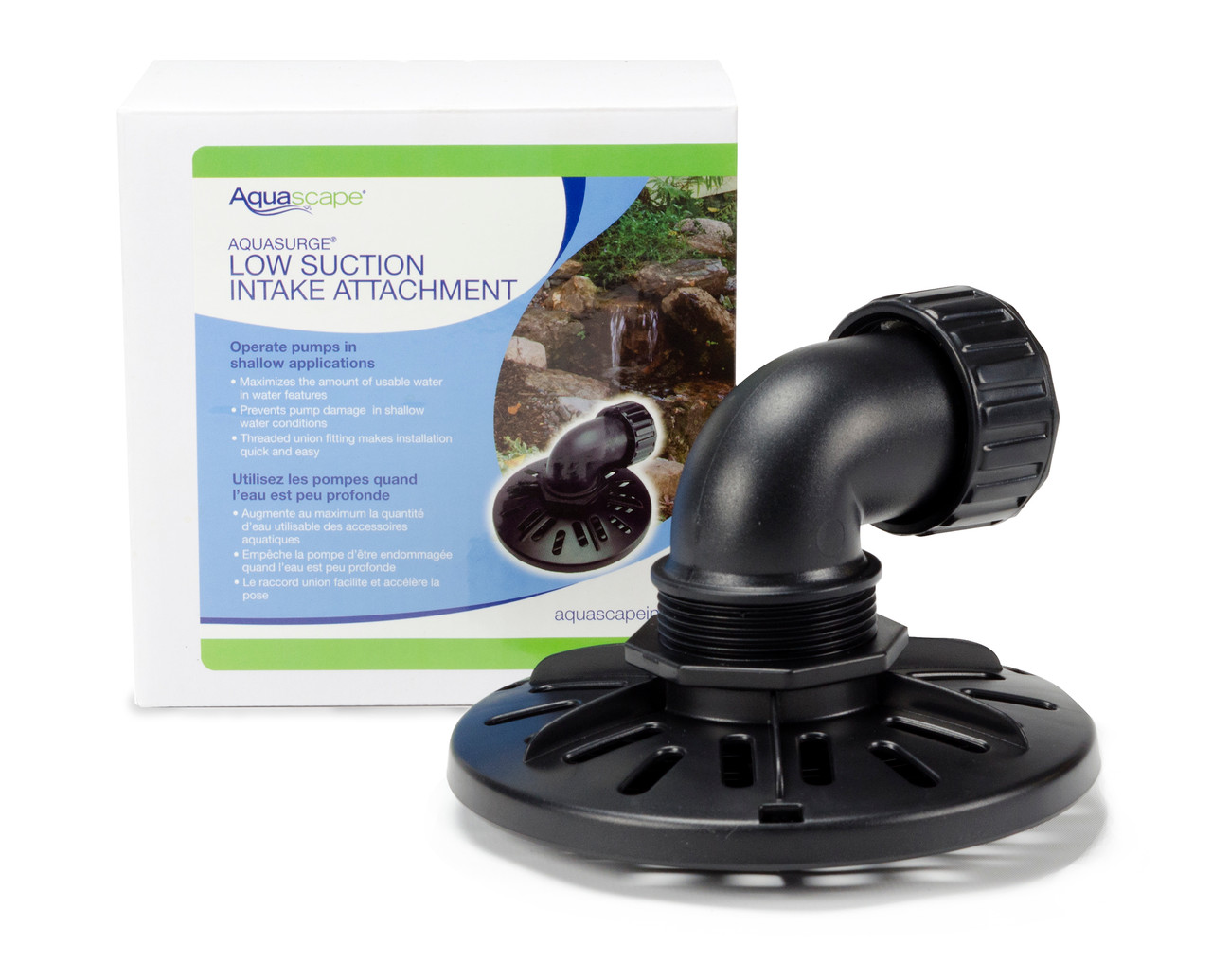 Low Suction Intake Attachment in its original packaging, showing product details and dimensions, designed for efficient water intake from the lowest point in ponds or water features.