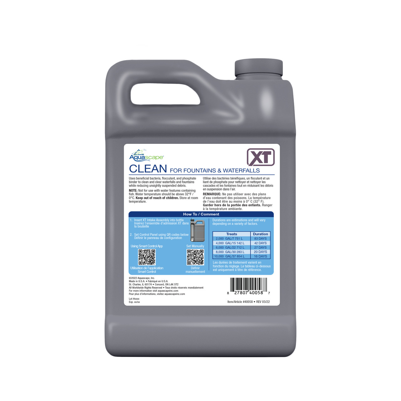 Front view of the Clean XT 64 oz bottle, showing the product label, treatment capacity, and clear dosage instructions.