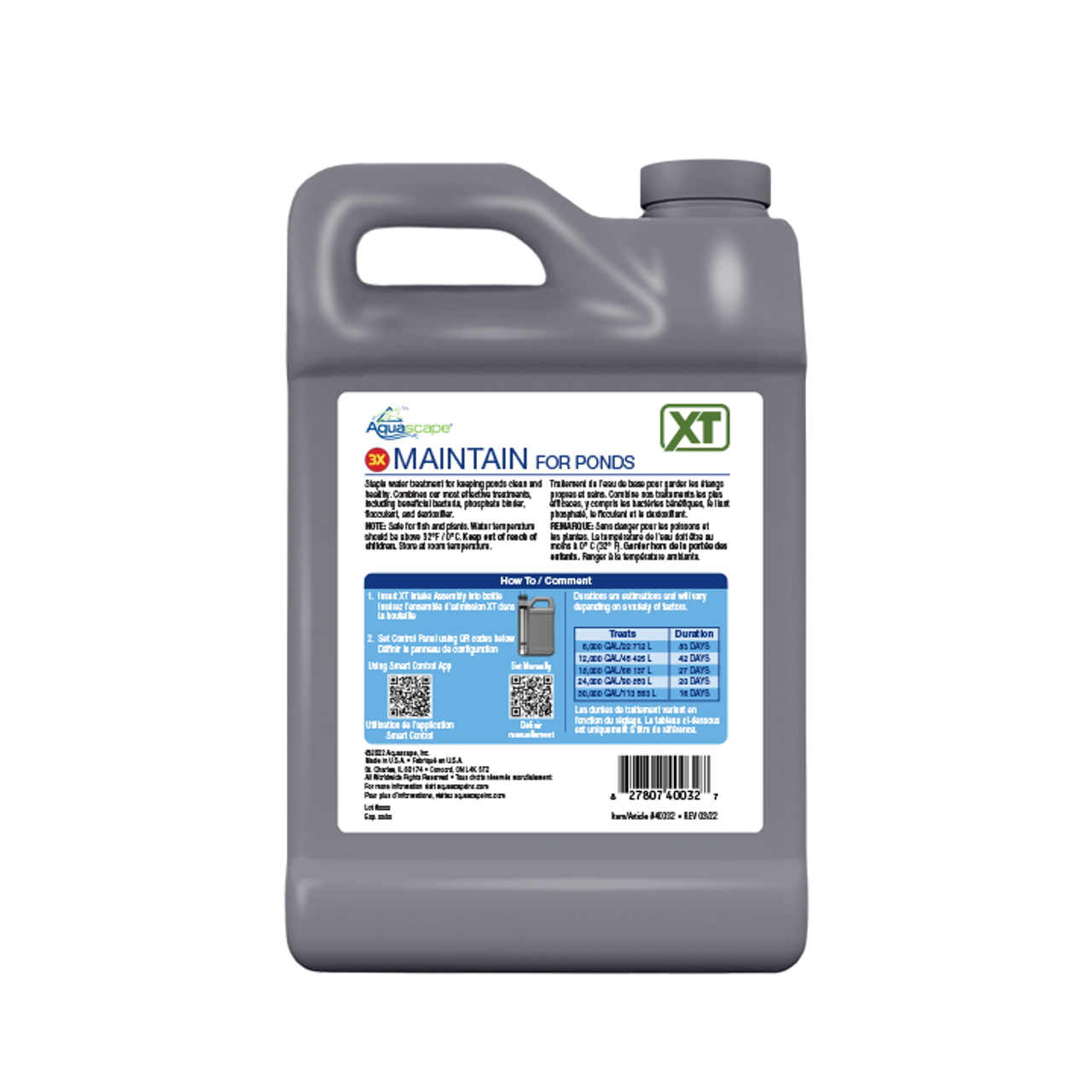 Front view of the 64 oz 3X Maintain for Ponds XT bottle, featuring the product name, usage benefits, and treatment guidelines on the label.