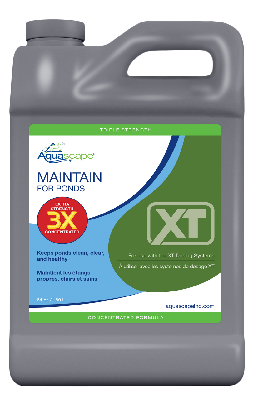 Front view of the 64 oz 3X Maintain for Ponds XT bottle, featuring the product name, usage benefits, and treatment guidelines on the label.
