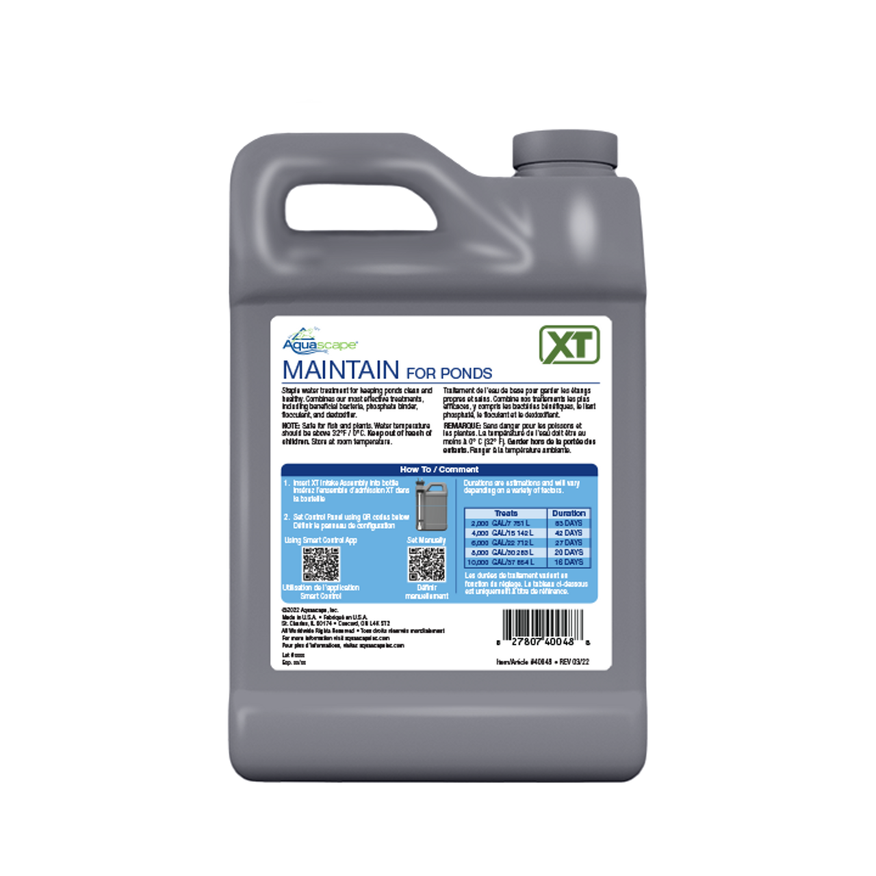 Front view of the Maintain for Ponds XT 64 oz bottle, featuring the label with product name, treatment details, and usage benefits.