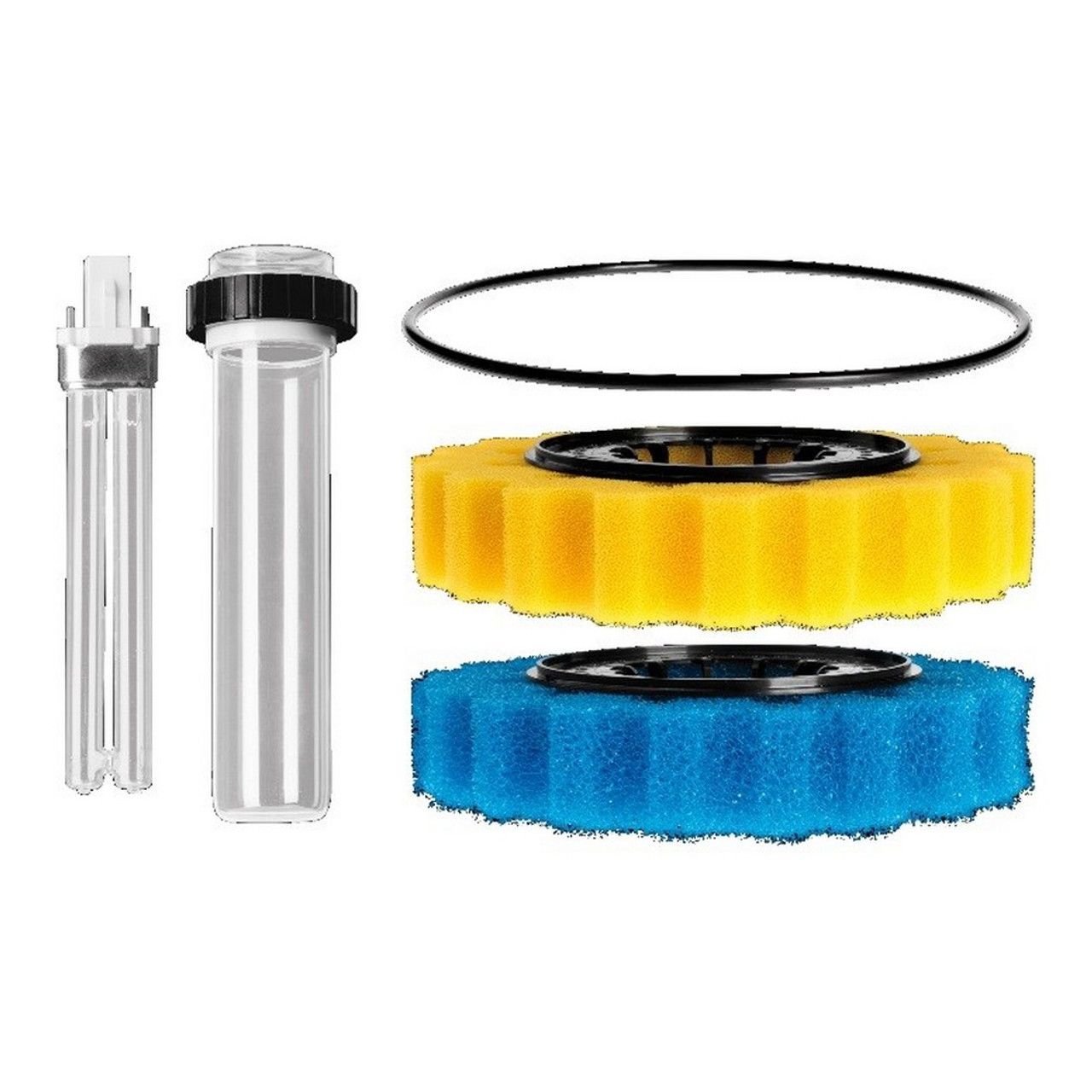 PF4800 kit contents laid out: 36-watt UV lamp, quartz sleeve, O-rings/gaskets, replacement filter pads/media, and small hardware.