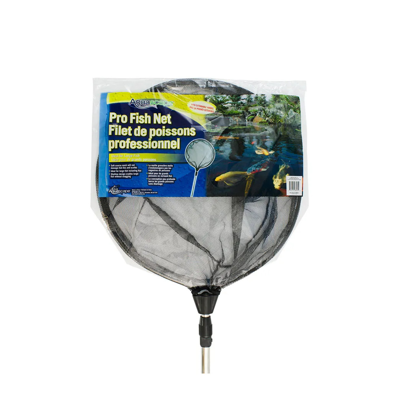 Side profile of Professional Fish Net with Extendable Handle, displaying the length of the handle and netting structure.