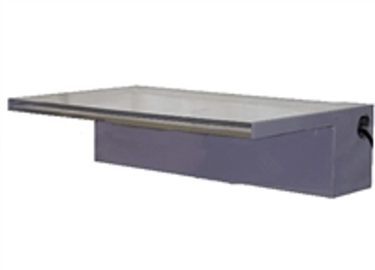 Angled perspective of the 60-inch acrylic spillway showcasing the seamless acrylic finish, continuous spillover lip, and reflective clarity.