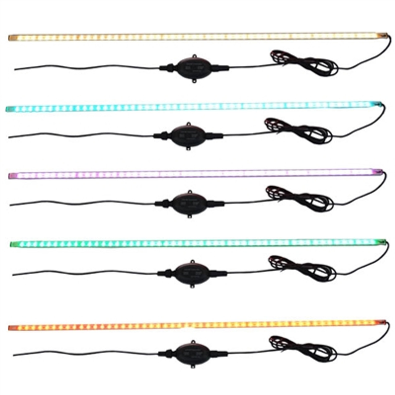 Five identical 12-inch LED light bars laid out vertically, each illuminated in a different color—warm white, teal, purple, green and amber—to showcase the bar’s color-changing capability.