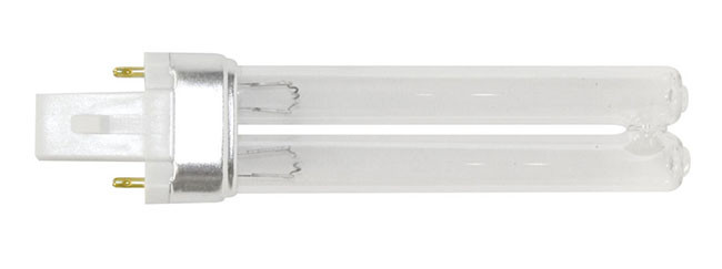 Front view of a 7 watt twin-tube compact fluorescent bulb with two-pin base for ECF10U fixture.