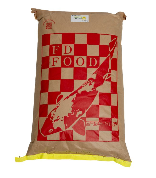 Front view – FD Germ Float Medium 15kg koi food bag with red checkerboard design and koi graphic
