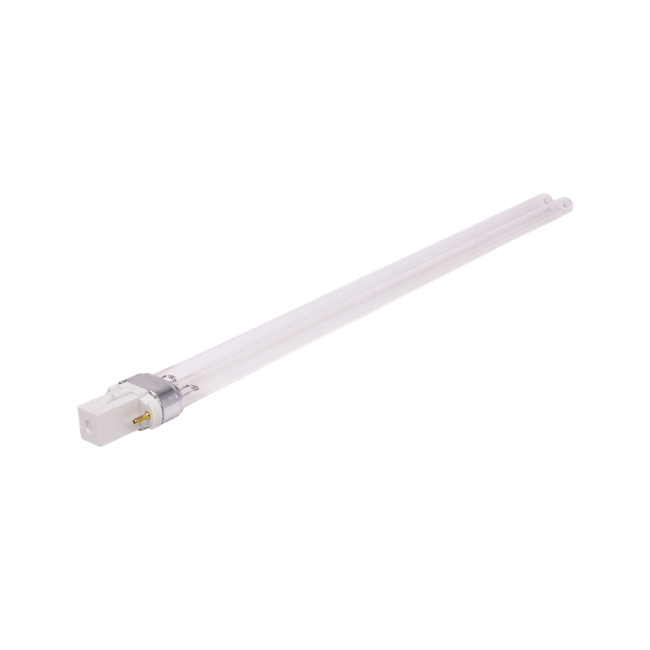 UV replacement bulb with dual tube design and connector base for pond UV clarifier system.