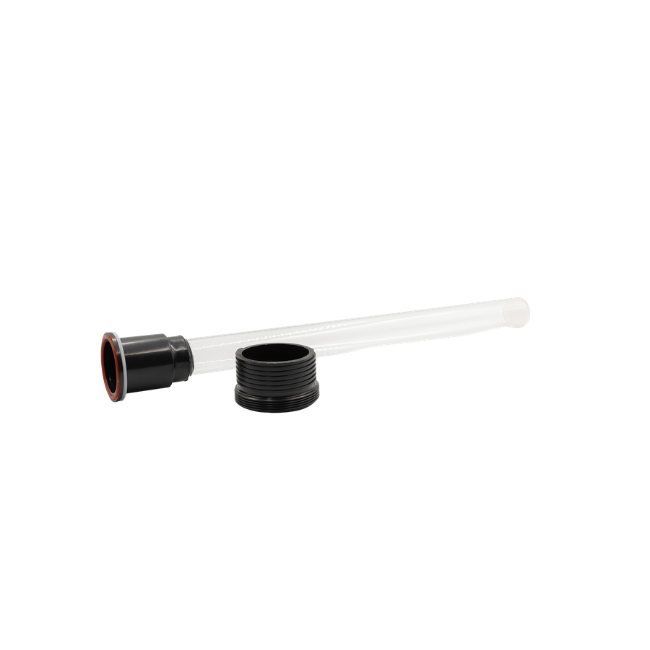 Clear UV quartz sleeve tube with threaded connector and O-ring seal for pond UV clarifier.