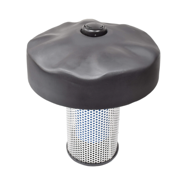 Fountain intake filter with dome cap and perforated screen for debris protection.