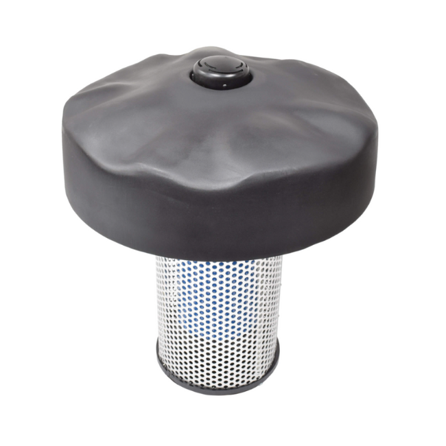 Fountain intake screen with dome cap and perforated cylinder for debris filtration.