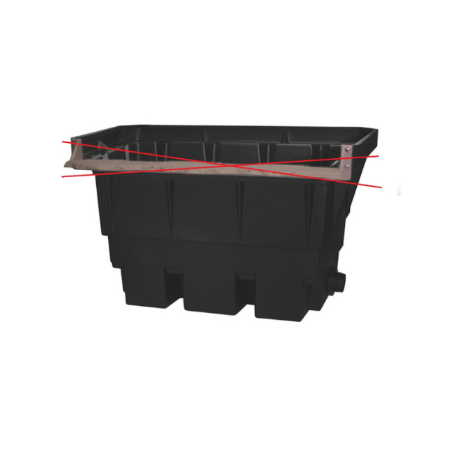 Pond skimmer box with cross-marked opening indicating cut line or modification area for installation.