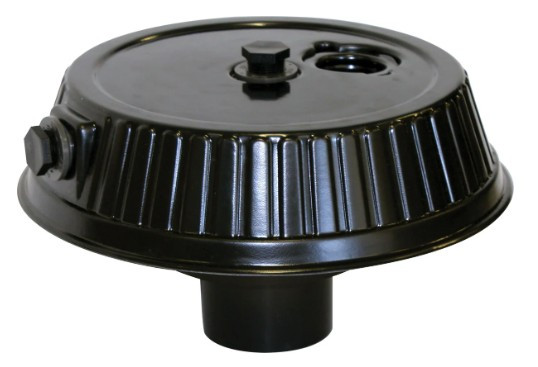 Bottom drain assembly with domed lid, access port, and outlet connection for pond filtration system.