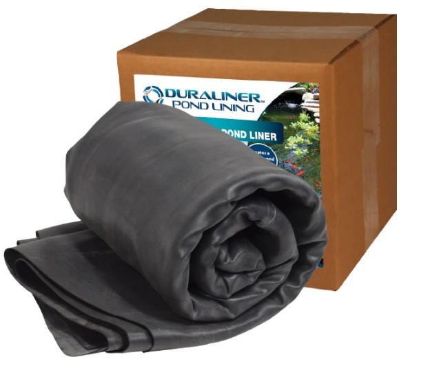 Duraliner pond liner roll with packaging box for waterproof pond and water feature installation.