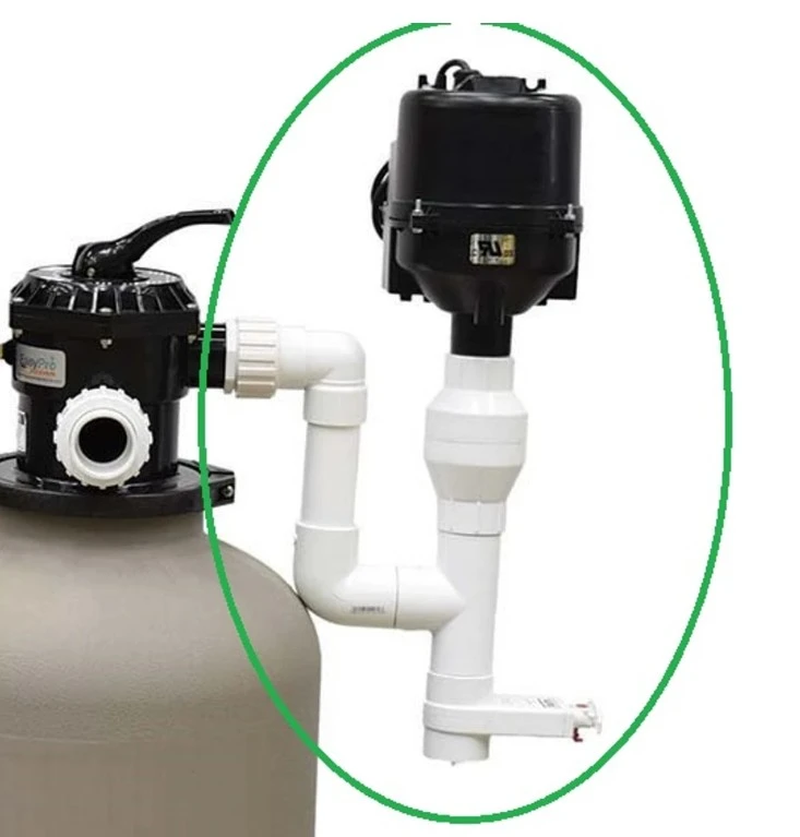Pool filter plumbing assembly with air blower and PVC piping connections highlighted for system installation.