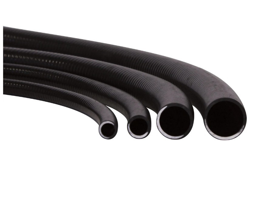 Black flexible corrugated pond tubing in various diameters for water transfer and filtration systems.