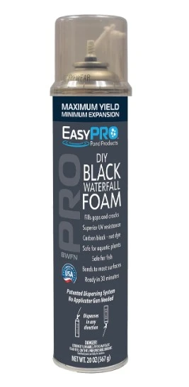 EasyPro DIY Black Waterfall Foam can with applicator nozzle for sealing pond and waterfall gaps.