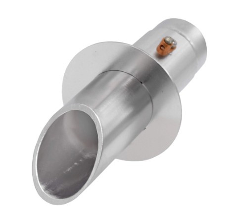 Aluminum fountain nozzle with flared outlet and round mounting plate for directional water flow.