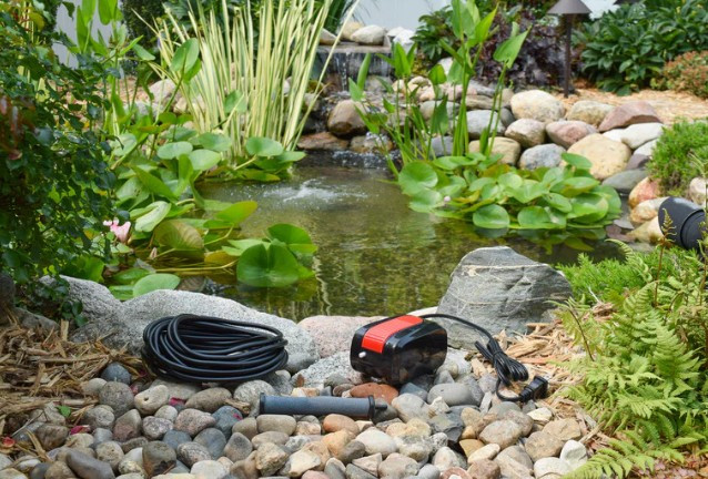 Pond pump with tubing installed in decorative garden pond circulating water among plants and rocks.
