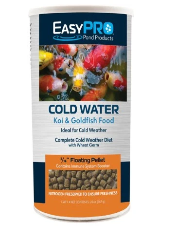 EasyPro Cold Water Koi and Goldfish Food container with floating pellets for feeding in low temperatures.