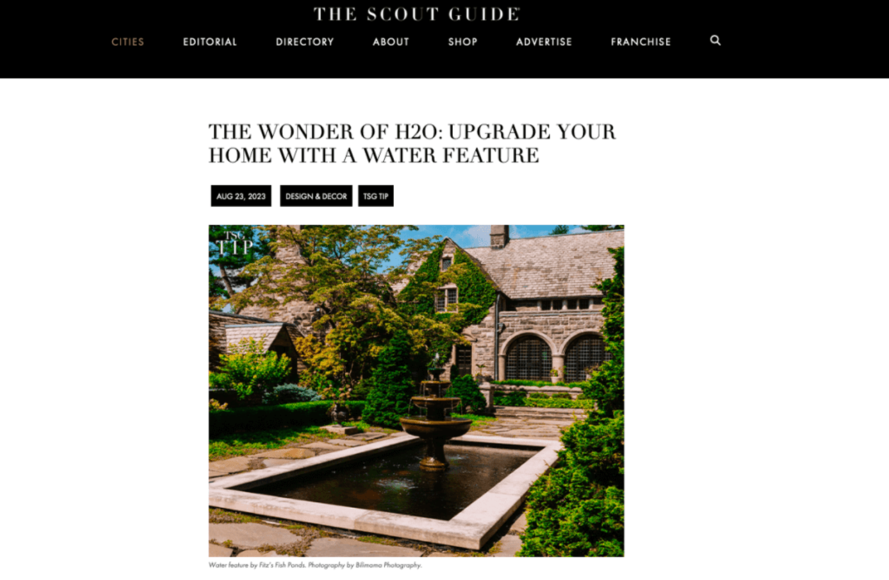 Fitz’s Fish Ponds Recognized as Top Industry Contributor in “The Wonder of H2O: Upgrade Your Home with a Water Feature” Article