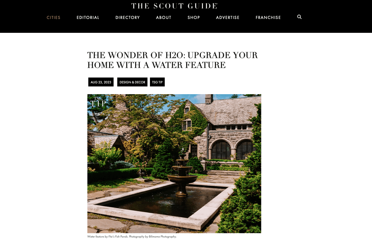 Fitz's Fish Ponds Recognized as Top Industry Contributor in "The Wonder of H2O: Upgrade Your Home with a Water Feature" Article