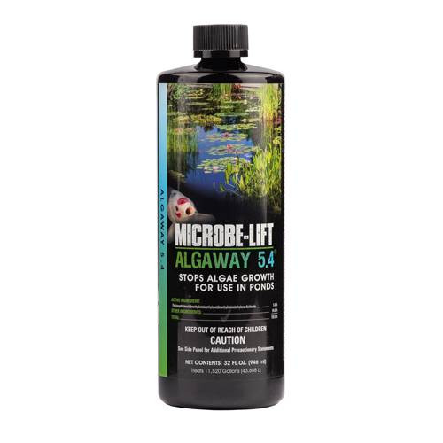 Close-up of the 32 oz. MICROBE-LIFT Algaway 5.4 bottle with the label visible, reading "Stops algae growth for use in ponds," along with product name and "N.A. RI, CANADA. Close-up of the 32 oz. MICROBE-LIFT Algaway 5.4 bottle with the label visible, reading "Stops algae growth for use in ponds," along with product name and "N.A. RI, CANADA.