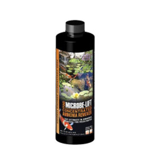 Front view of 16 oz. MICROBE-LIFT Ammonia Remover bottle designed to reduce ammonia levels and improve water quality in fish ponds. Front view of 16 oz. MICROBE-LIFT Ammonia Remover bottle designed to reduce ammonia levels and improve water quality in fish ponds.