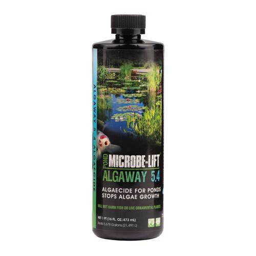 Close-up of the 16 oz. MICROBE-LIFT Algaway 5.4 bottle with the label clearly visible, reading "Stops algae growth for use in ponds," along with the product name, volume, and "N.A. RI, CANADA. Close-up of the 16 oz. MICROBE-LIFT Algaway 5.4 bottle with the label clearly visible, reading "Stops algae growth for use in ponds," along with the product name, volume, and "N.A. RI, CANADA.