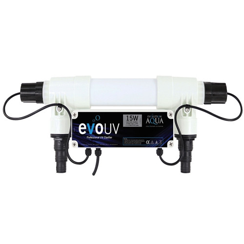 Front view of Evolution Aqua 15W UV clarifier—slim black housing with clear flow-direction arrow and inlet/outlet unions at each end. Front view of Evolution Aqua 15W UV clarifier—slim black housing with clear flow-direction arrow and inlet/outlet unions at each end.