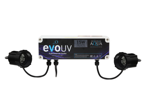 Front view of Evolution Aqua 15W UV ballast box—rectangular black module with spec label, status LED, and two captive cables for power and UV lamp. Front view of Evolution Aqua 15W UV ballast box—rectangular black module with spec label, status LED, and two captive cables for power and UV lamp.