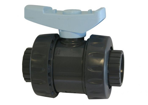 Front view of Evolution Aqua 1½″ double union ball valve with T-handle centered, two union nuts, and 1½″ female ends. Front view of Evolution Aqua 1½″ double union ball valve with T-handle centered, two union nuts, and 1½″ female ends.