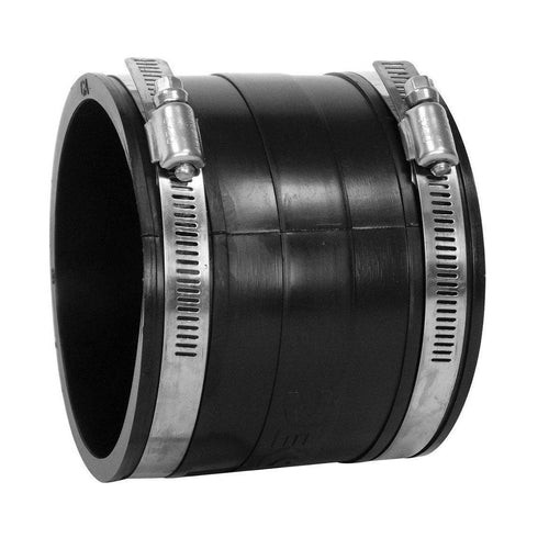 Front view of a 1-inch Evolution Aqua rubber coupling with two stainless worm-drive clamps around the black flexible sleeve. Front view of a 1-inch Evolution Aqua rubber coupling with two stainless worm-drive clamps around the black flexible sleeve.