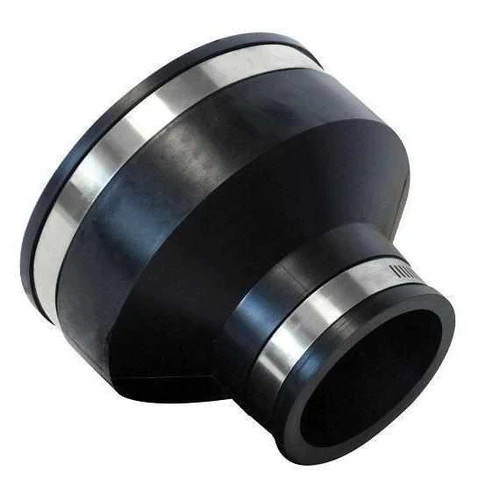 Angled view highlighting the flexible rubber construction and precision fit for joining different pipe sizes. Angled view highlighting the flexible rubber construction and precision fit for joining different pipe sizes.