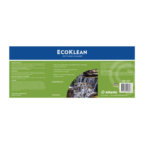 EcoKlean pond cleaner label with usage directions and waterfall image. EcoKlean pond cleaner label with usage directions and waterfall image.