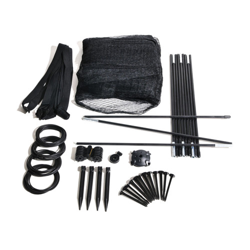 Full Pond and Garden Protector kit contents including netting, poles, stakes, and clips. Full Pond and Garden Protector kit contents including netting, poles, stakes, and clips.