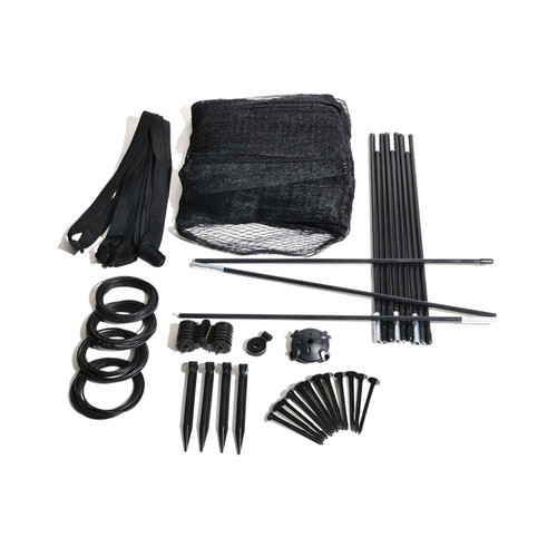 Full Pond and Garden Protector kit contents including netting, poles, stakes, and accessories. Full Pond and Garden Protector kit contents including netting, poles, stakes, and accessories.