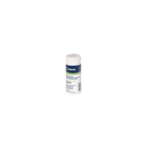 Atlantic TRION-TS ionizer test strips bottle with white cap and blue label. Atlantic TRION-TS ionizer test strips bottle with white cap and blue label.