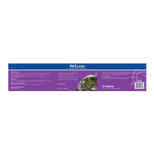 Atlantic ReClaim label showing directions, dosage, and usage details for sludge remover tablets. Atlantic ReClaim label showing directions, dosage, and usage details for sludge remover tablets.