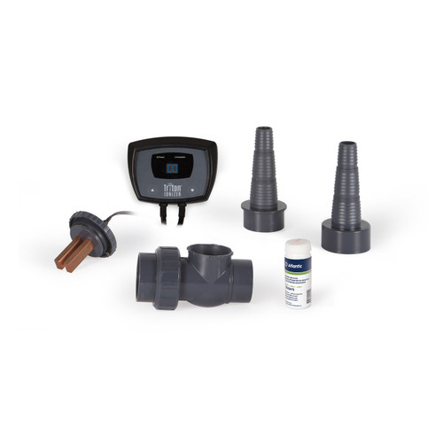 Triton Ionizer complete kit with controller, copper probe, fittings, and test strips for pond water clarity. Triton Ionizer complete kit with controller, copper probe, fittings, and test strips for pond water clarity.