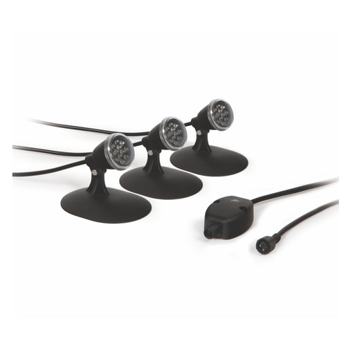 Triple pond light kit with three warm white LED lights and cables. Triple pond light kit with three warm white LED lights and cables.