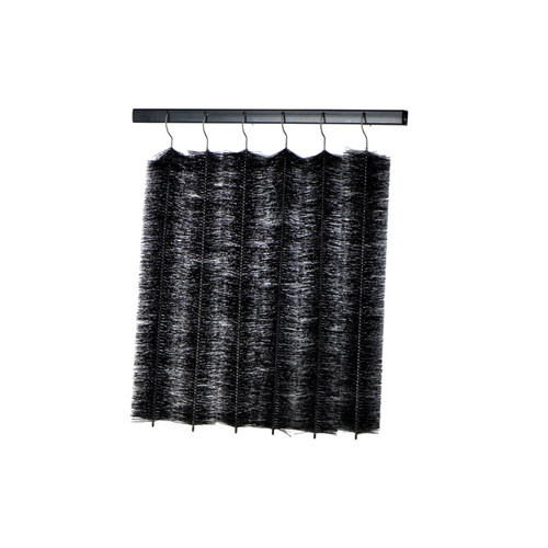 Black hanging filter brushes for pond skimmers and biofilters, arranged in vertical rows. Black hanging filter brushes for pond skimmers and biofilters, arranged in vertical rows.