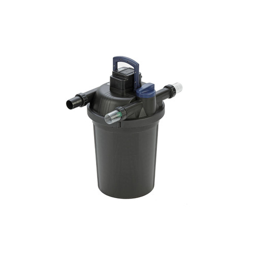 Black pressurized pond filter with UV clarifier, inlet and outlet connections, and top carrying handle. Black pressurized pond filter with UV clarifier, inlet and outlet connections, and top carrying handle.