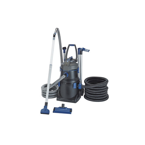 A sleek black and silver pond vacuum with a sturdy handle and large wheels for easy mobility. A sleek black and silver pond vacuum with a sturdy handle and large wheels for easy mobility.